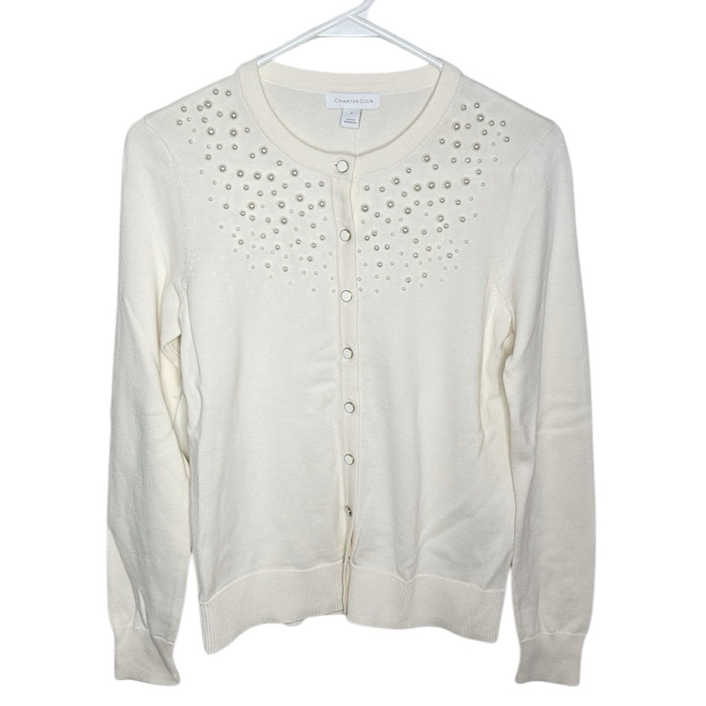 Charter Club Cotton blend Ivory Pearl Beaded Cardigan Button closure size S